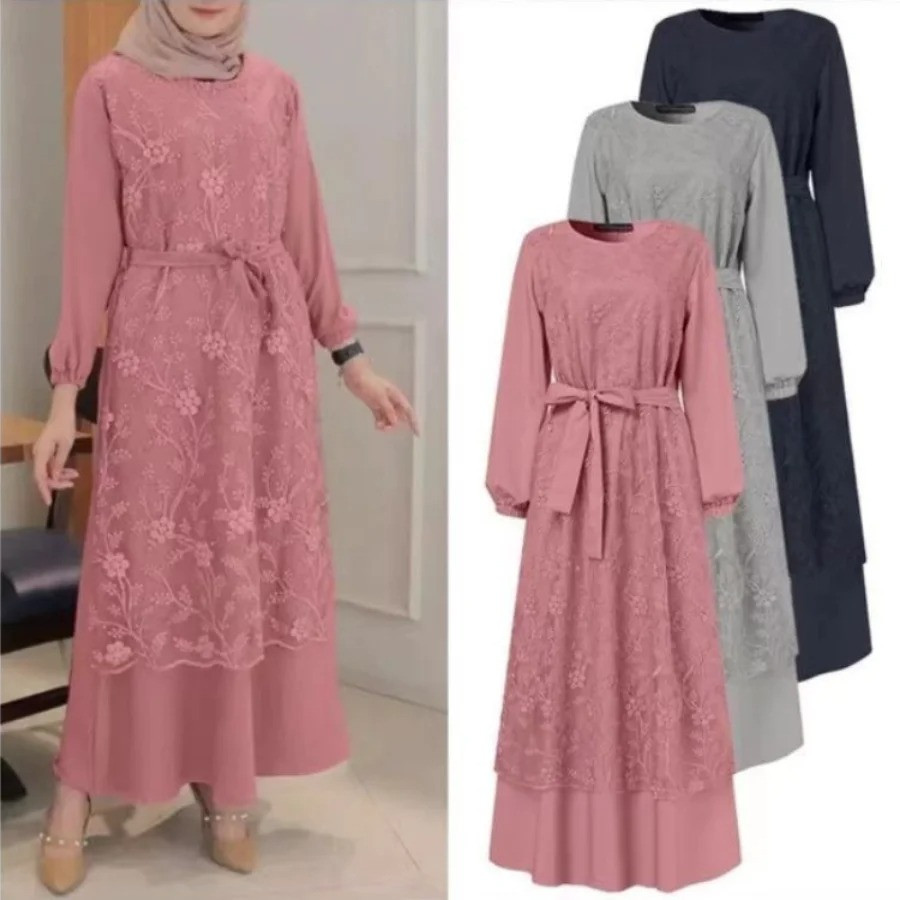 2023 New Women's Ramadan Abaya Turkey Women O-neck Lace Long-Sleeved Waist Loose Long Skirt Bridesmaid Dresses Moroccan Clothing